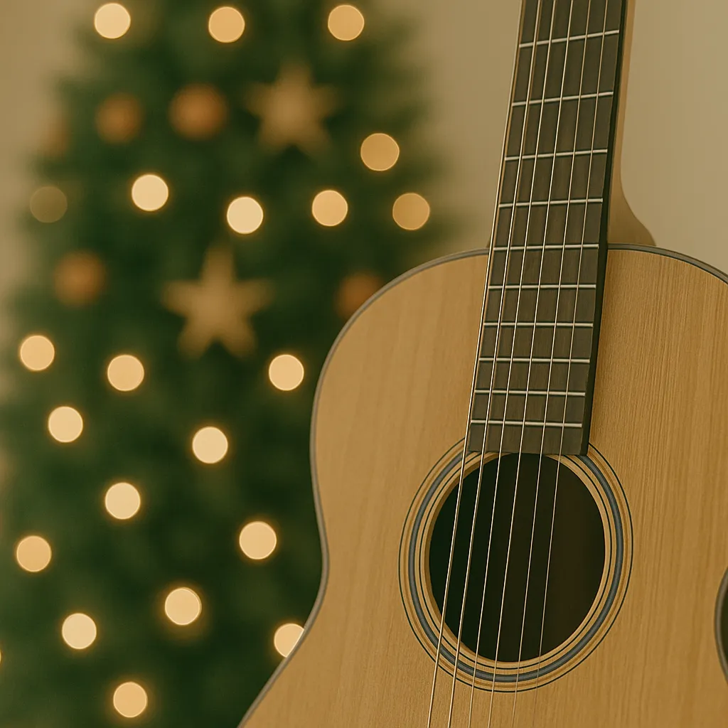 Detalle de una guitarra del decorado de fotografías navideñas de Pablo Alma en Sevilla