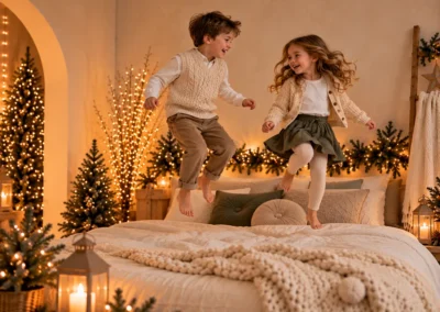 Foto ejemplo decorado Navidad Cama Hogar Cálido - Hermanos - Niños saltando